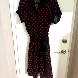 Unique Vintage Polka Dot Wrap Dress - Black and Red